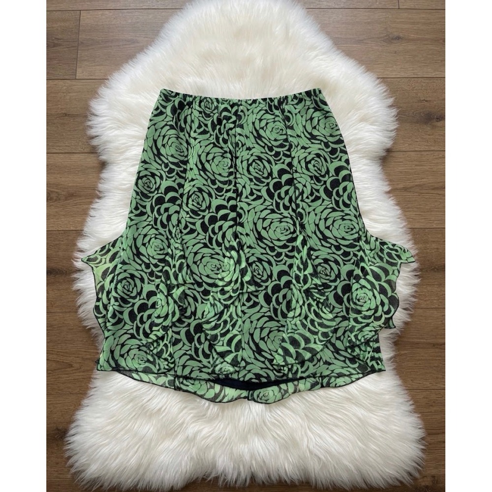 Worthington Womens 100% Silk Midi Skirt Small Green Black Rose Handkerchief Hem